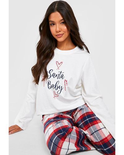Boohoo Santa Baby Long Sleeve T-shirt & Flannel Pants Pajama Set - White