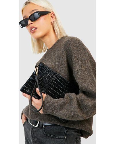 Boohoo Croc Zip Top Clutch Bag - Black