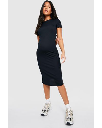 Boohoo Maternity Rib Short Sleeve Midi Dress - Black