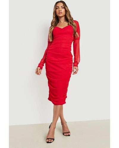Boohoo Mesh Square Neck Ruched Midi Dress - Red