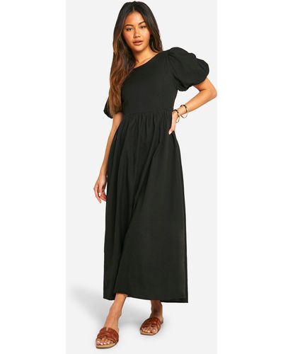 Boohoo Textured Puff Sleeve Midi Dress - Black