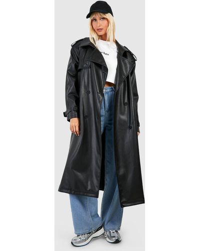 Boohoo Faux Leather Maxi Trench Coat - Black