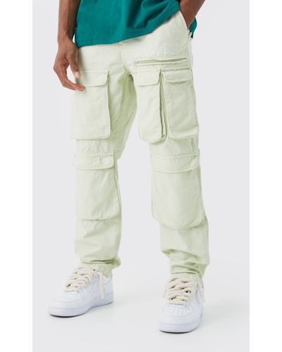 BoohooMAN Straight Leg Multi Cargo Ripstop Trouser With Tonal Branding - Green