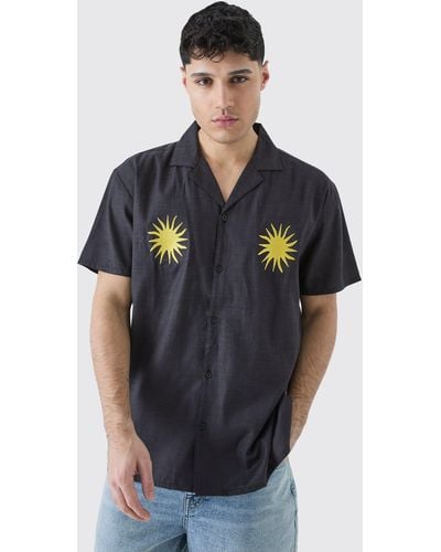 BoohooMAN Oversized Linen Look Sun Embroidered Shirt - Black