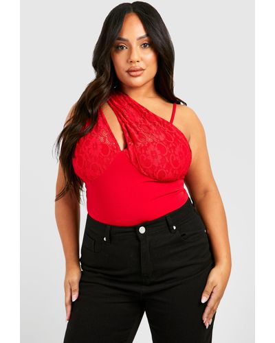 Boohoo Plus Keyhole Lace One Shoulder One Piece - Red