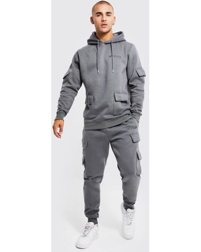 Boohoo Official Man Cargo Hooded Panelled Tracksuit - Grey