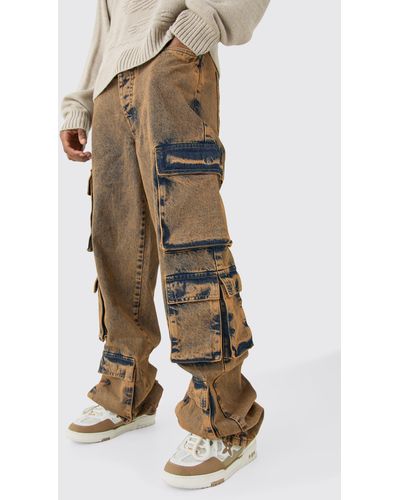 BoohooMAN Tall Baggy Fit Acid Wash Cargo Jeans - Natur