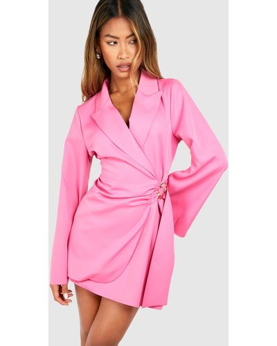 Boohoo Buckle Detail Tie Waist Tailored Blazer Dress - Pink