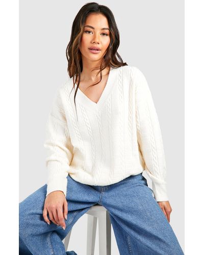 Boohoo Cable Soft Knit Oversized V Neck Sweater - White