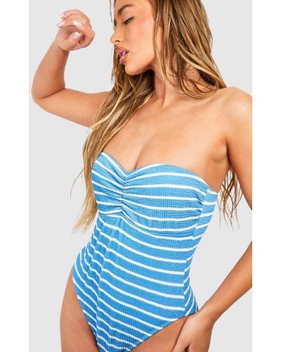 Boohoo Stripe Crinkle Ruched Bandeau Bathing Suit - Blue