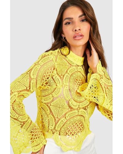 Boohoo Turtle Neck Crochet Lace Crop Top - Yellow