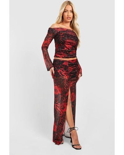 Boohoo Mixed Print Mesh Ruched Front Maxi Skirt - Red