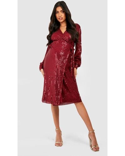 Boohoo Maternity Sequin Wrap Midi Dress - Red