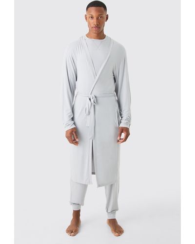 BoohooMAN Premium Modal Mix Relaxed dressing gown, T-shirt & Lounge Bottom Set - Grau
