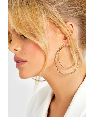 Boohoo Crystal And Polished Double Hoop Earrings - Natural