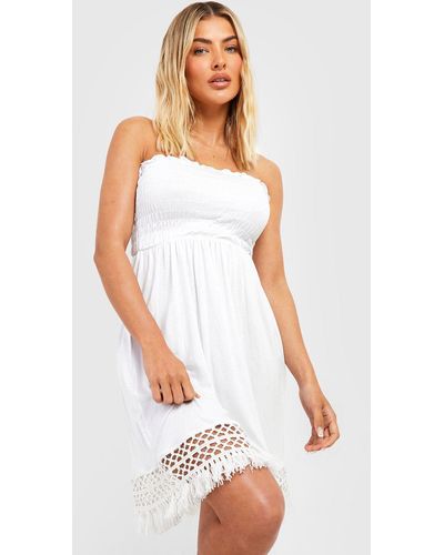 Boohoo Crochet Tassel Hem Bandeau Beach Mini Dress - White
