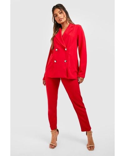 Boohoo Jersey Knit Double Breasted Blazer And Pants Suit Set - Red