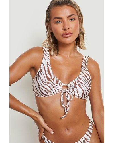 Boohoo Tiger Print Plunge Tie Bikini Top - Brown