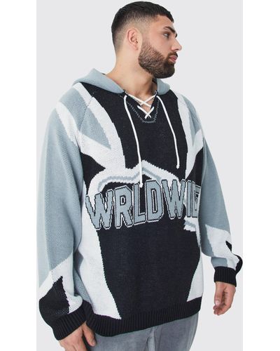BoohooMAN Plus geschnürter Oversize Hockey-Pullover mit Kapuze - Blau