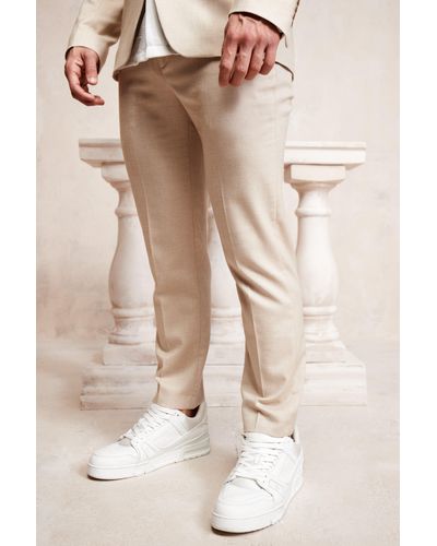 BoohooMAN Slim Cropped Pique Suit Pants - Natural