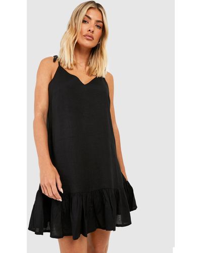 Boohoo Linen Look Strappy Beach Mini Dress - Black