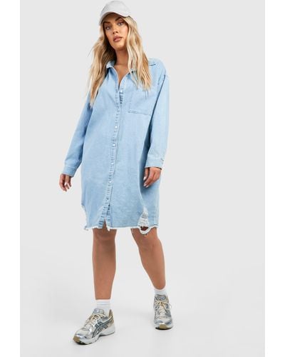 Boohoo Vestido Camisero Plus Vaquero Desgastado - Azul