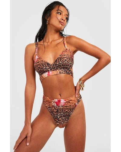 Boohoo Petite Tropical Leopard Bikini Top - Orange