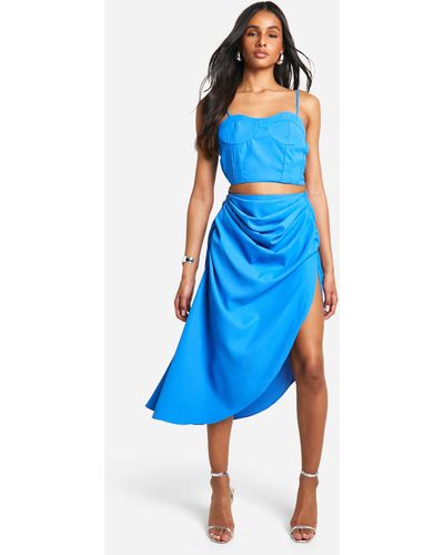 Boohoo Tall Ruched Asymmetric Woven Skirt - Blue