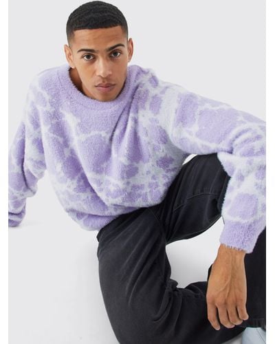 BoohooMAN Fluffy Abstract Knitted Boxy Sweater - Purple