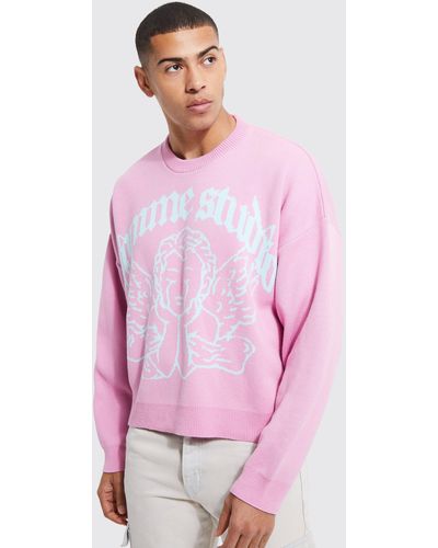BoohooMAN Boxy Fit Homme Angel Knitted Jumper - Rosa