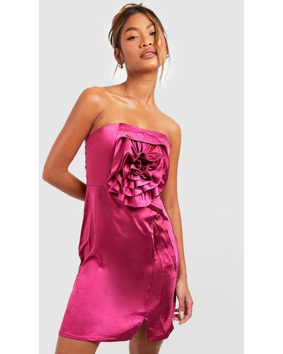 Boohoo 3d Rose Detail Bandeau Satin Mini Dress - Pink