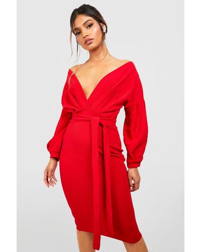Boohoo Off The Shoulder Wrap Midi Bodycon Dress - Red