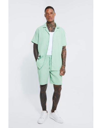 BoohooMAN Pleated Oversized Shirt And Short Set - Green