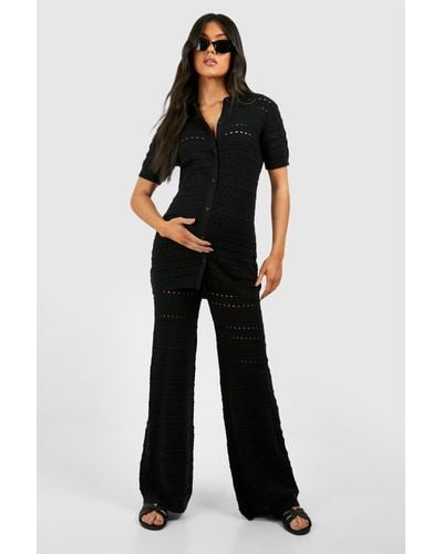 Boohoo Maternity Crochet Knitted Shirt And Wide Leg Trouser Co-ord - Black