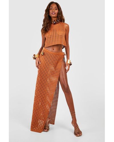Boohoo Thigh Split Crochet Maxi Skirt - Orange