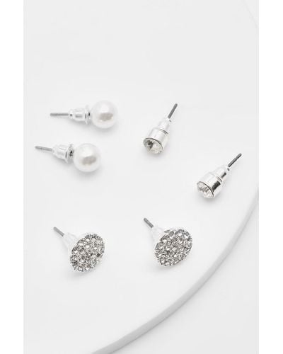 Boohoo Faux Pearl And Crystal 3 Pack Earrings - Grey