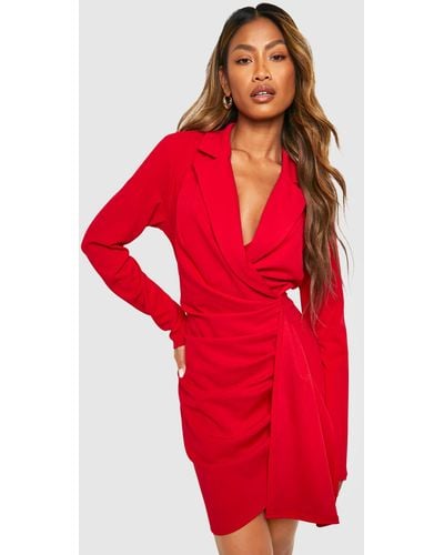Boohoo Ruched Drape Long Sleeve Blazer Dress - Red