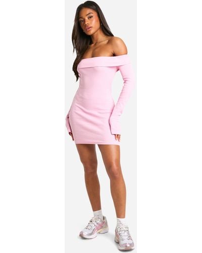 Boohoo Basic Rib Bardot Mini Dress - Pink