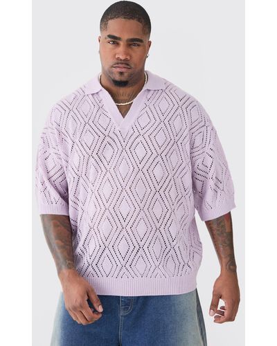 BoohooMAN Plus Short Sleeve Boxy Fit Revere Open Knit Polo In Lilac - Purple