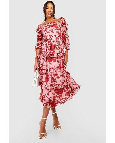 Boohoo Tall Floral Dobby Cold Shoulder Tiered Midi Skater Dress