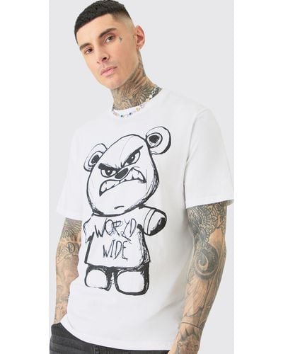 BoohooMAN Tall Oversized Evil Teddy T-shirt In White - Weiß