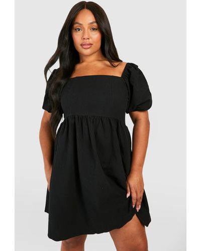 Boohoo Plus Linen Puff Sleeve Mini Smock Dress - Black