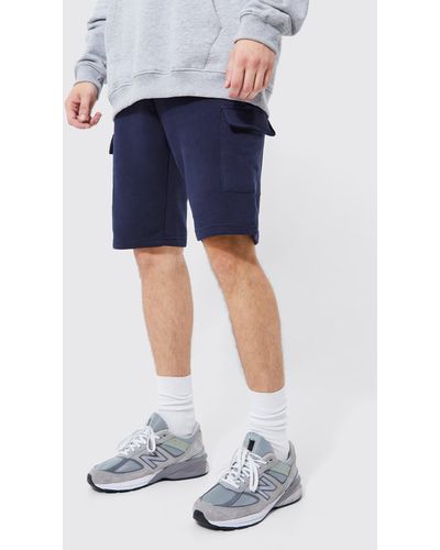 BoohooMAN Tall mittellange Slim-Fit Jersey Cargo-Shorts - Blau