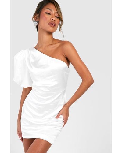 Boohoo Satin Puff Sleeve Asymmetric Mini Dress - White