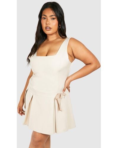 Boohoo Plus Woven Bow Detail Strappy Skater Dress - Natural