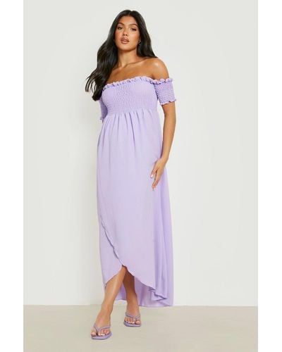 Boohoo Maternity Shirred Off Shoulder Maxi Dress - Purple
