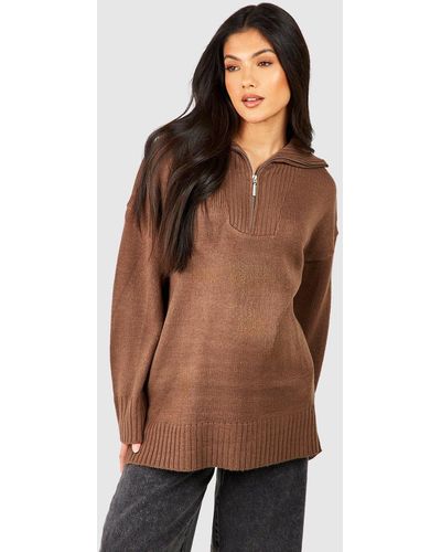 Boohoo Maternity Zip Collar Knitted Sweater - Brown