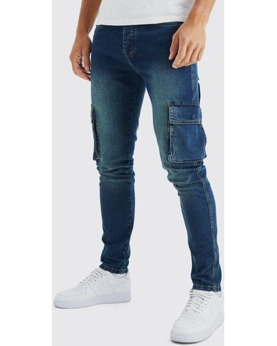 BoohooMAN Tall Skinny Stretch Cargo-Jeans - Blau