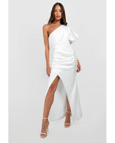 Boohoo Puff One Shoulder Side Split Maxi Dress - White