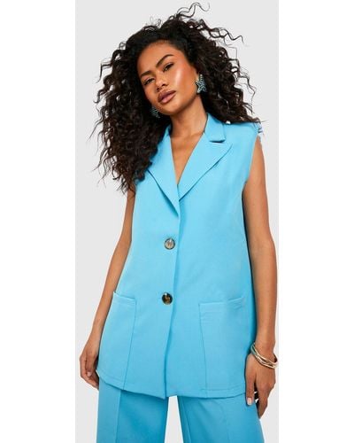 Boohoo Longline Pocket Detail Tailored Sleeveless Blazer - Blue